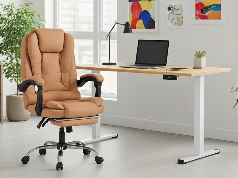 Height Adjustable Desk Set LK Oak & Colson Massage Office Chair PVC Khaki (Combo)