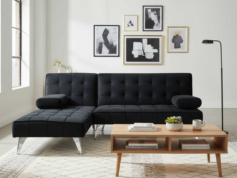 Keren Velvet L-Shape Sofa Bed - Black
