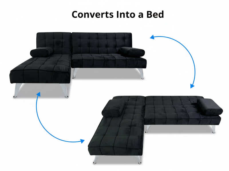 Keren Velvet L-Shape Sofa Bed - Black
