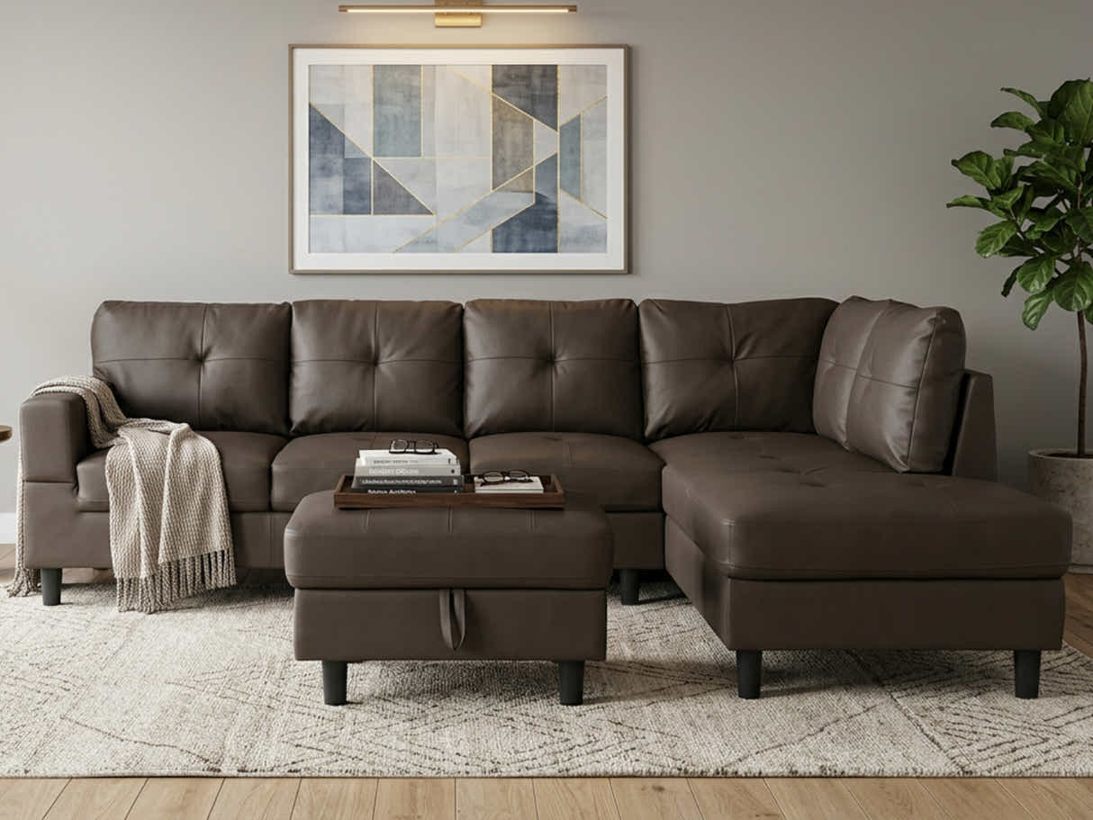 Loriece PU Leather Sofa with Ottoman - Brown
