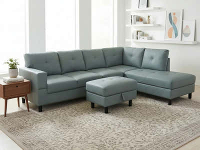 Loriece PU Leather Sofa with Ottoman - Grey
