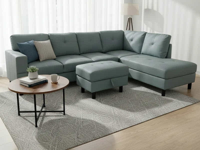 Loriece PU Leather Sofa with Ottoman - Grey