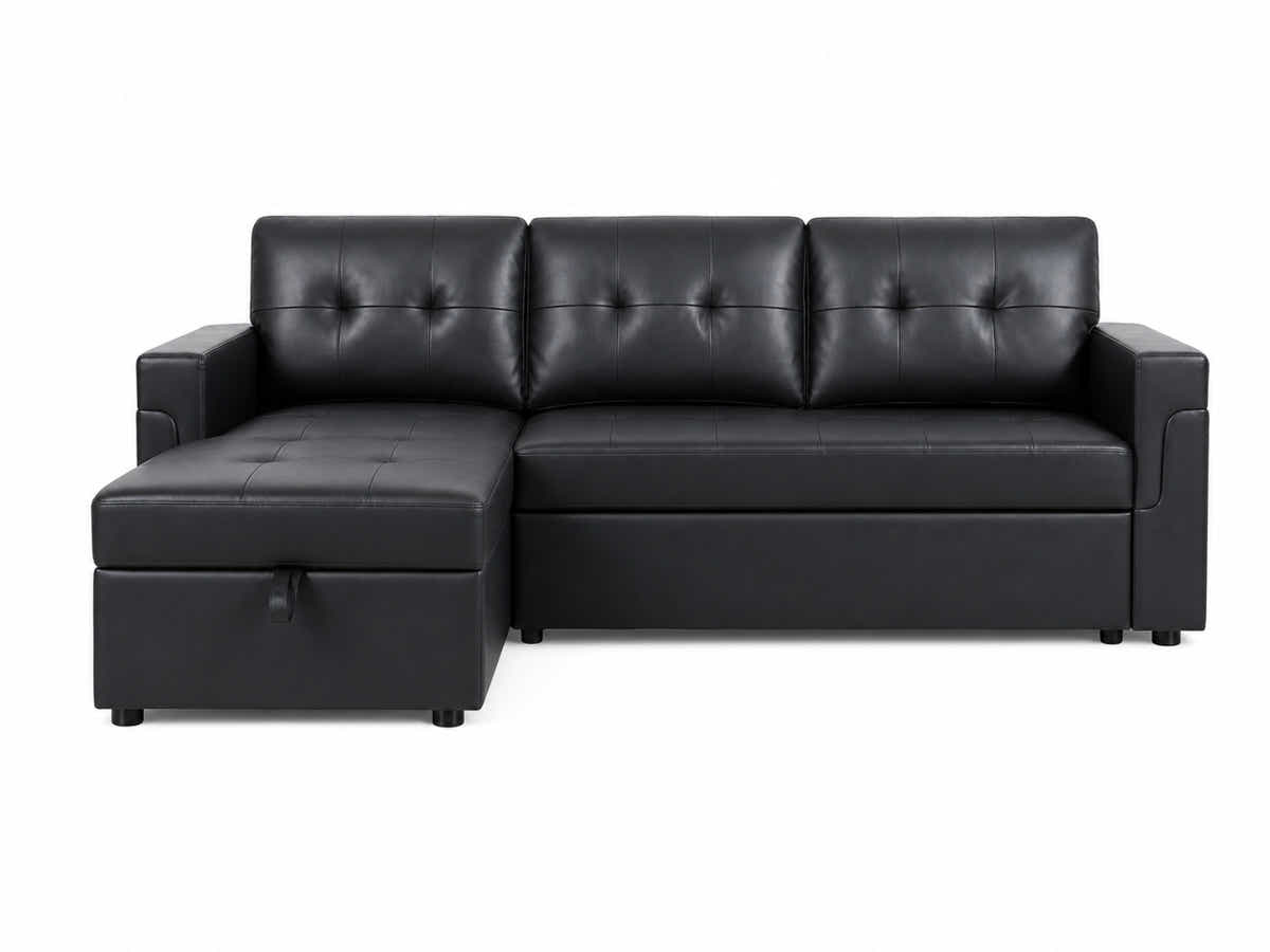Auden Pull Out Sofa Bed with Storage Chaise PU - Black