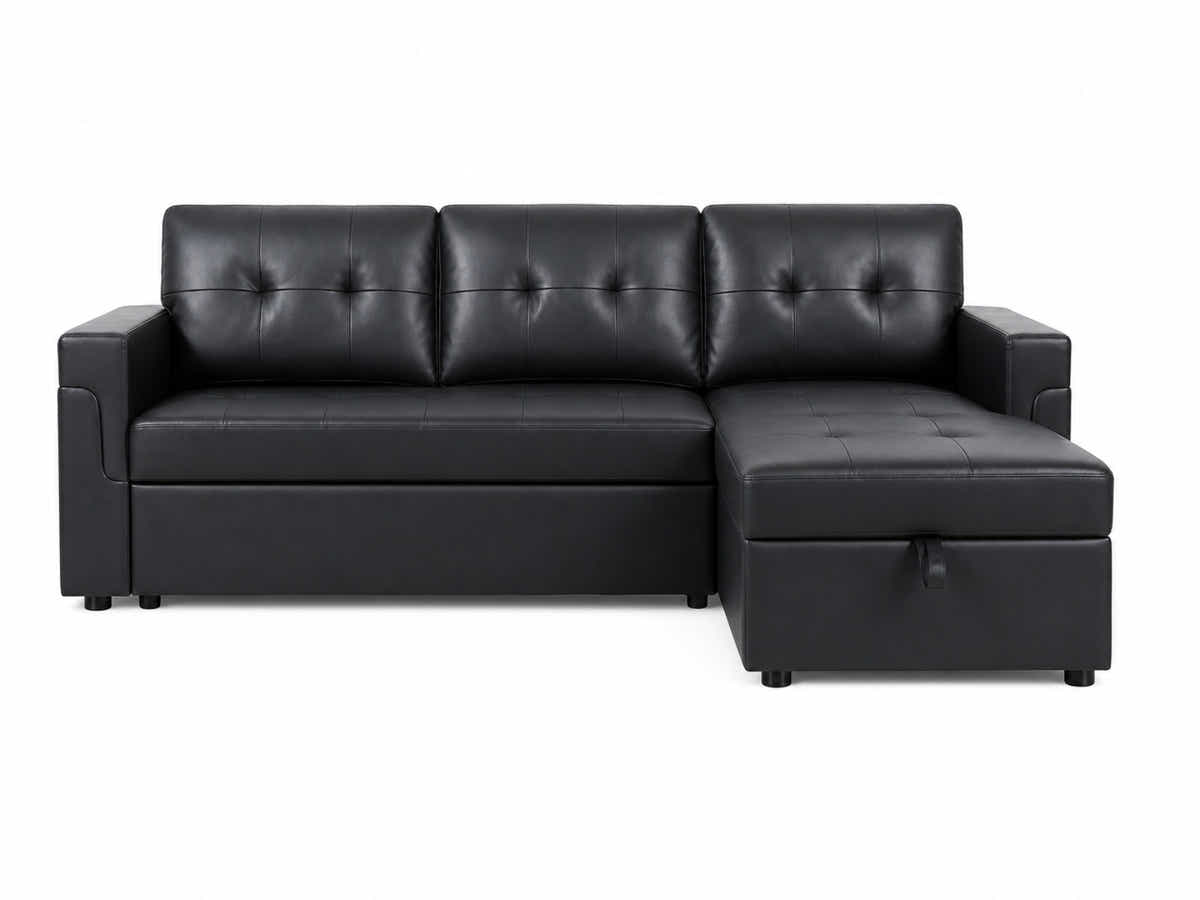 Auden Pull Out Sofa Bed with Storage Chaise PU - Black