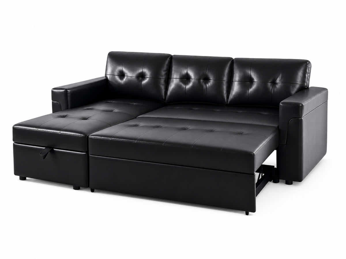 Auden Pull Out Sofa Bed with Storage Chaise PU - Black
