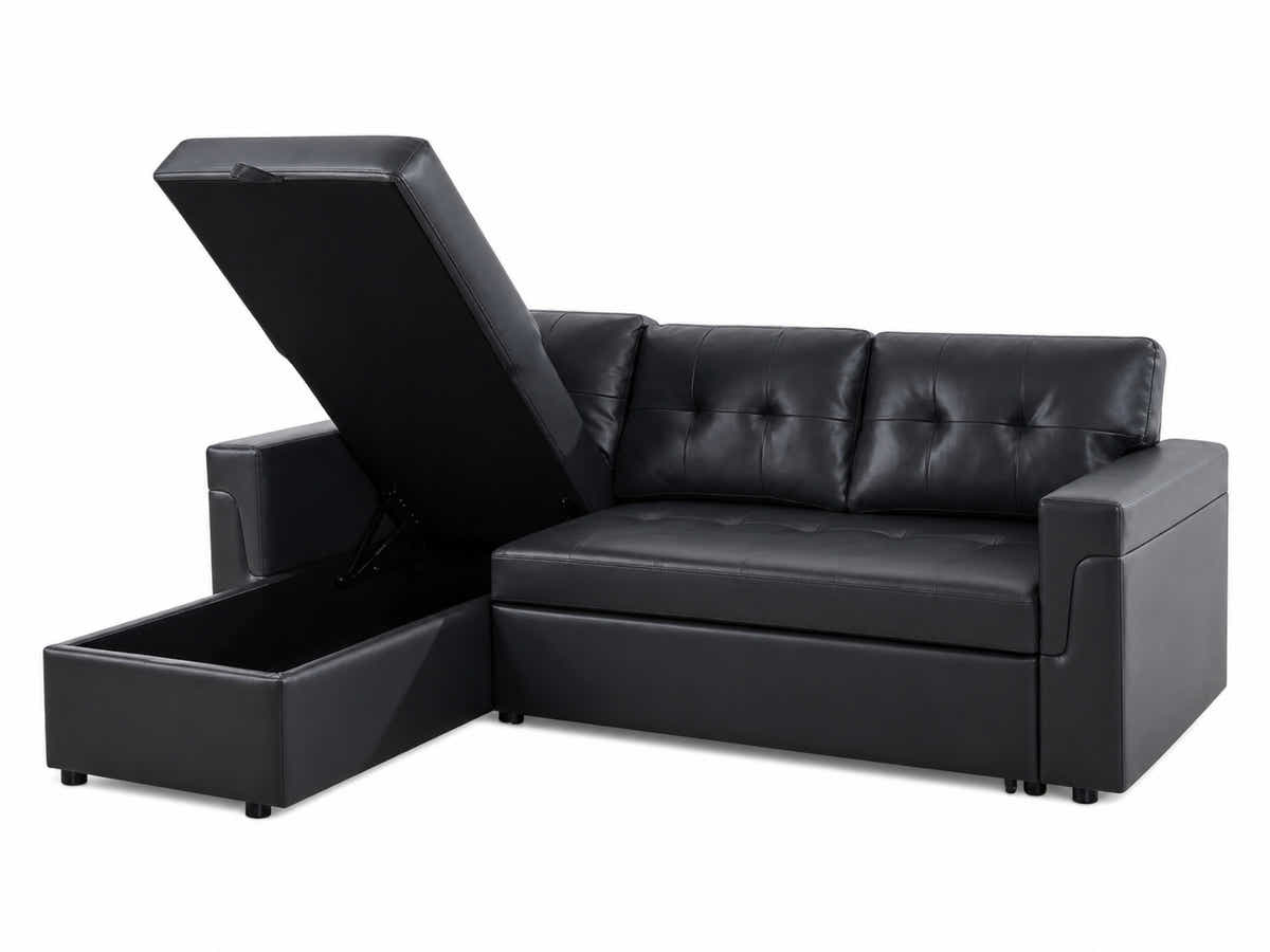 Auden Pull Out Sofa Bed with Storage Chaise PU - Black