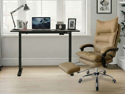 Height Adjustable Desk Set LK All Black & New Markus Office Chair with Footrest PU Khaki