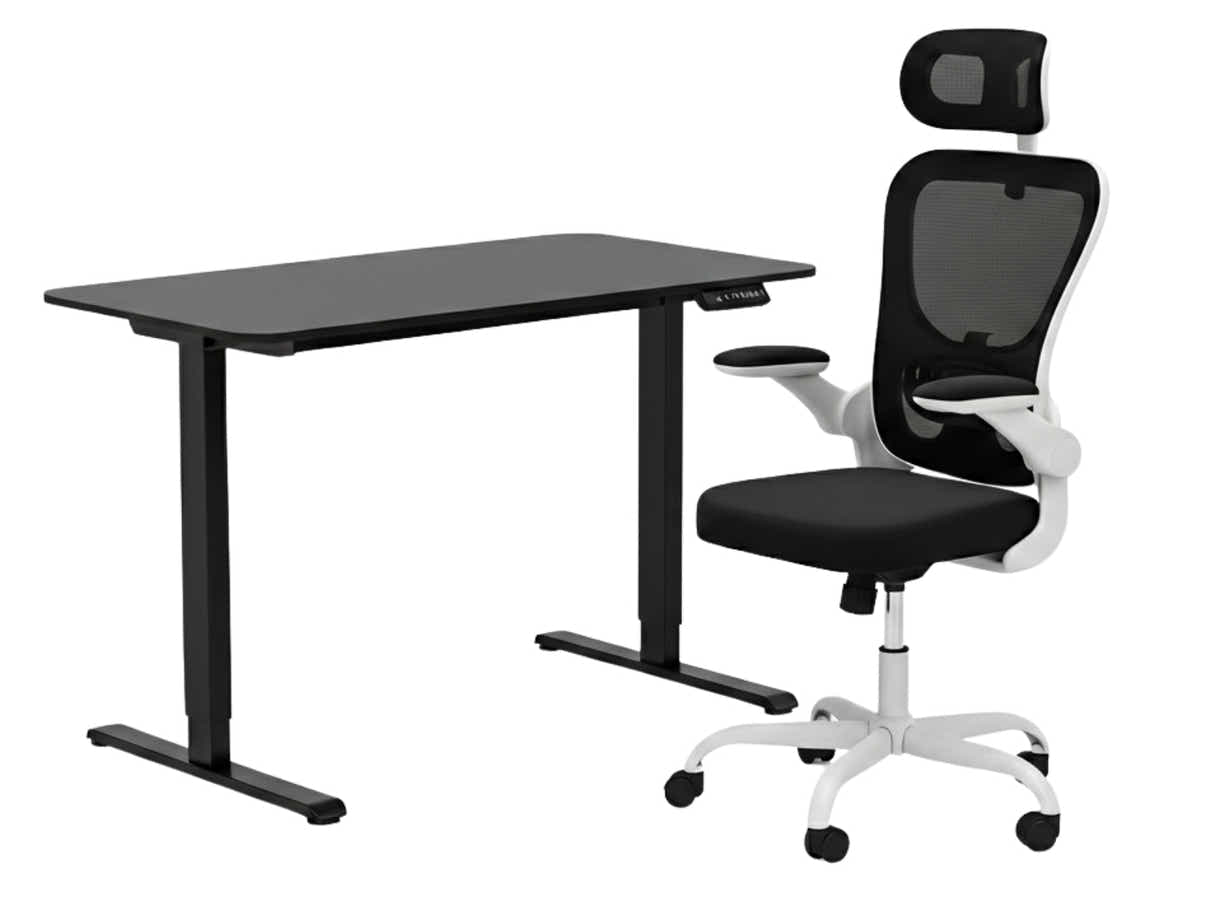 Height Adjustable Desk Set LK All Black & Molina Mesh Task Chair White+Black