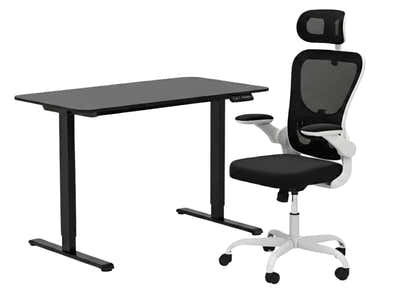 Height Adjustable Desk Set LK All Black & Molina Mesh Task Chair White+Black