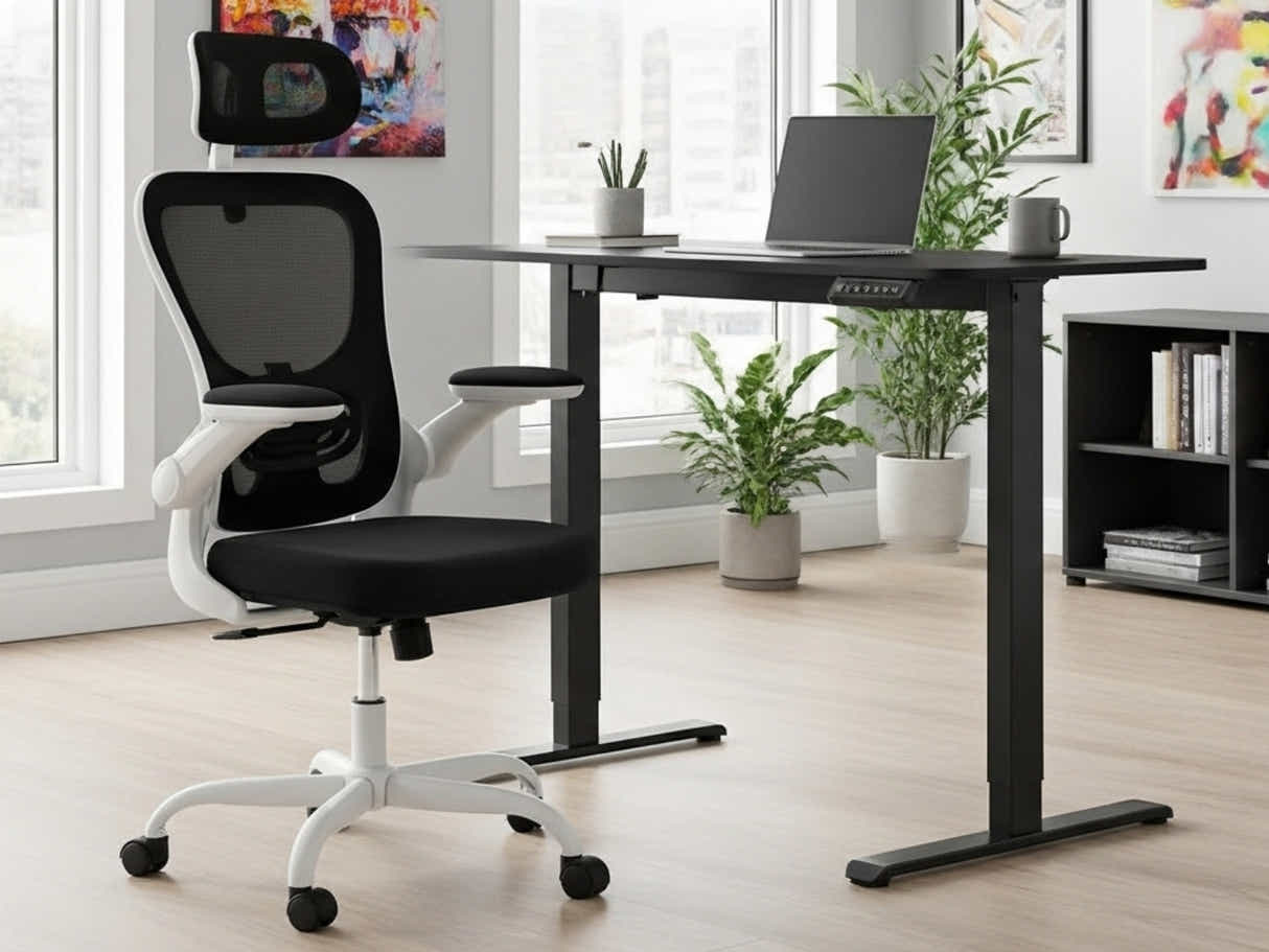 Height Adjustable Desk Set LK All Black & Molina Mesh Task Chair White+Black