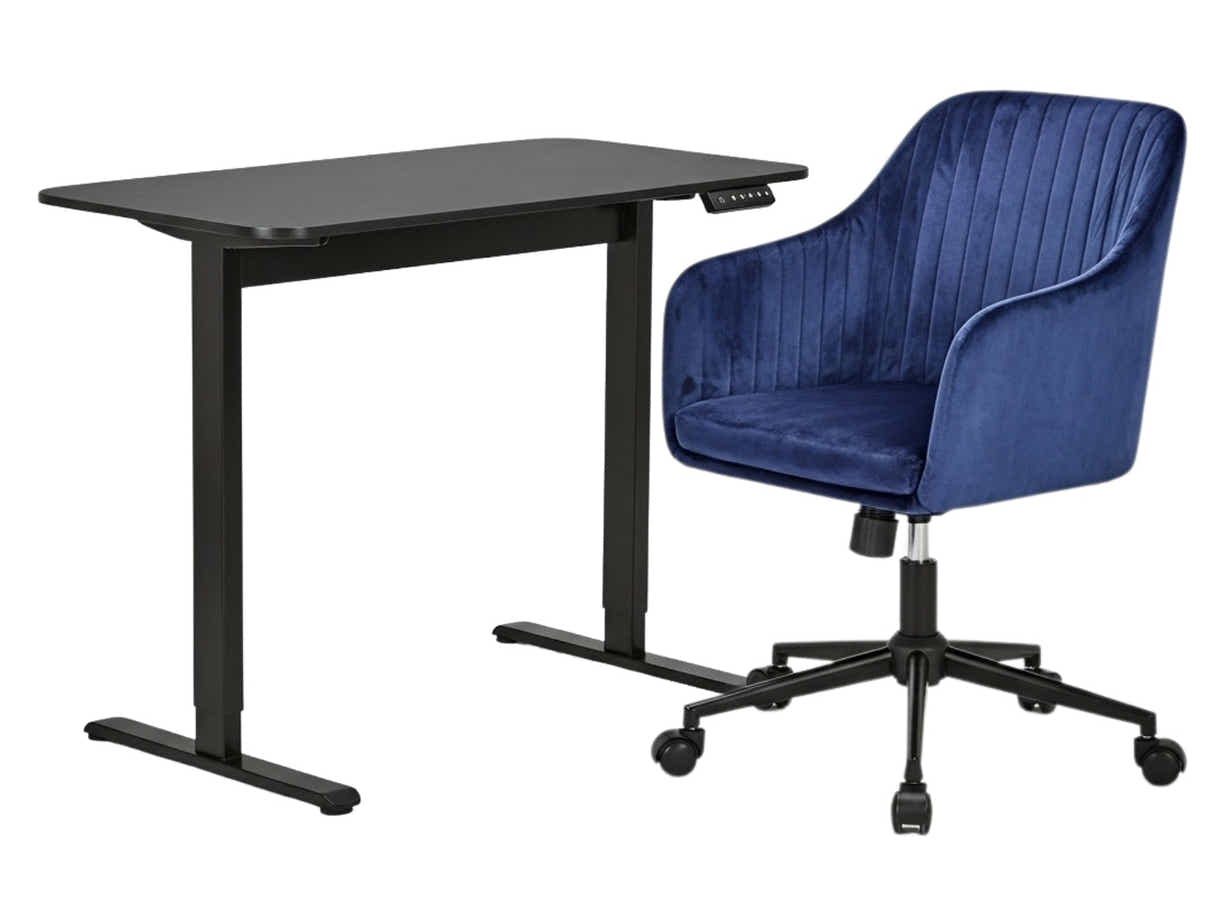Height Adjustable Desk Set LK All Black & Lilac Office Chair Velvet Blue