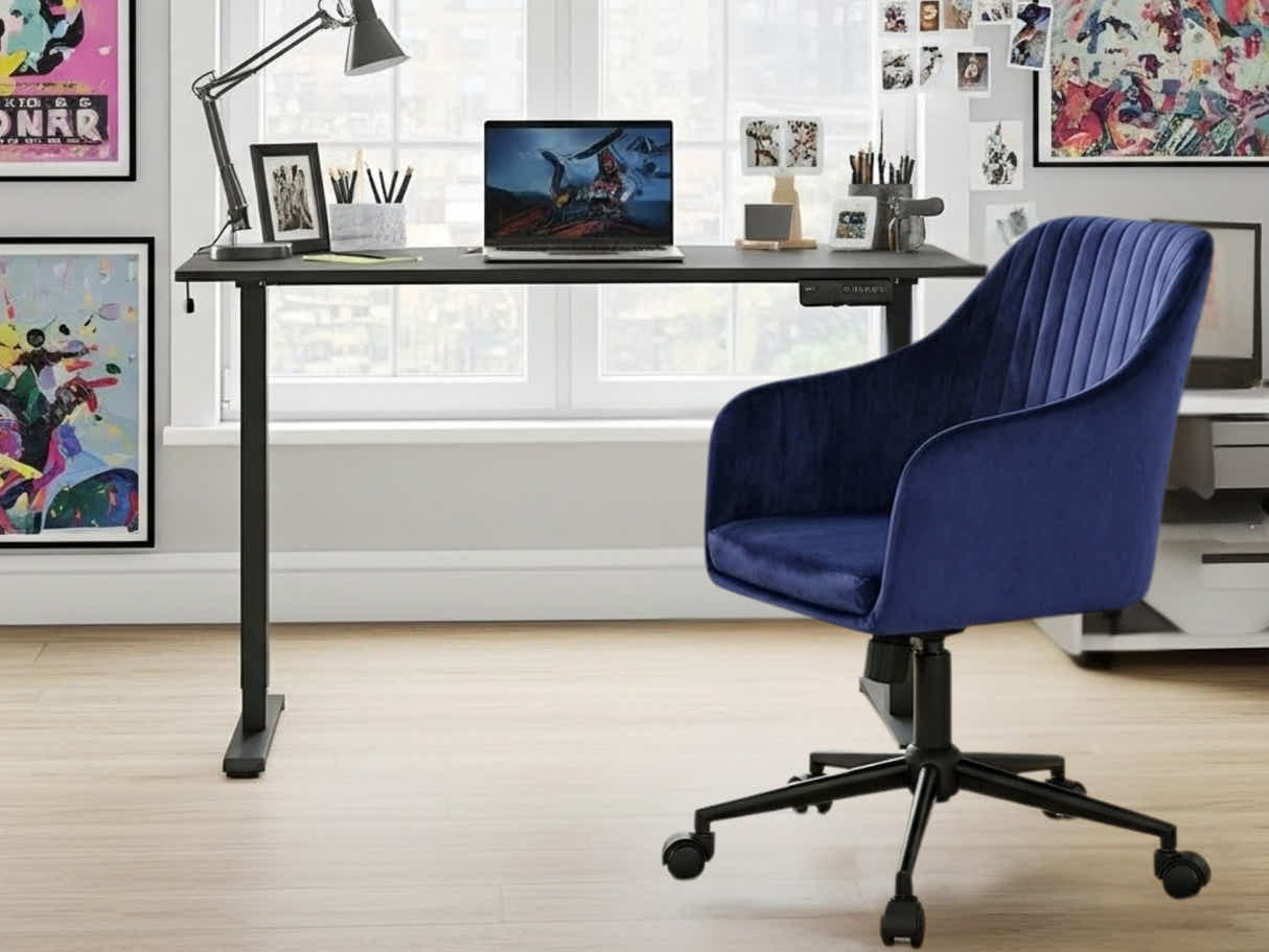Height Adjustable Desk Set LK All Black & Lilac Office Chair Velvet Blue