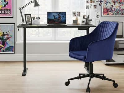 Height Adjustable Desk Set LK All Black & Lilac Office Chair Velvet Blue