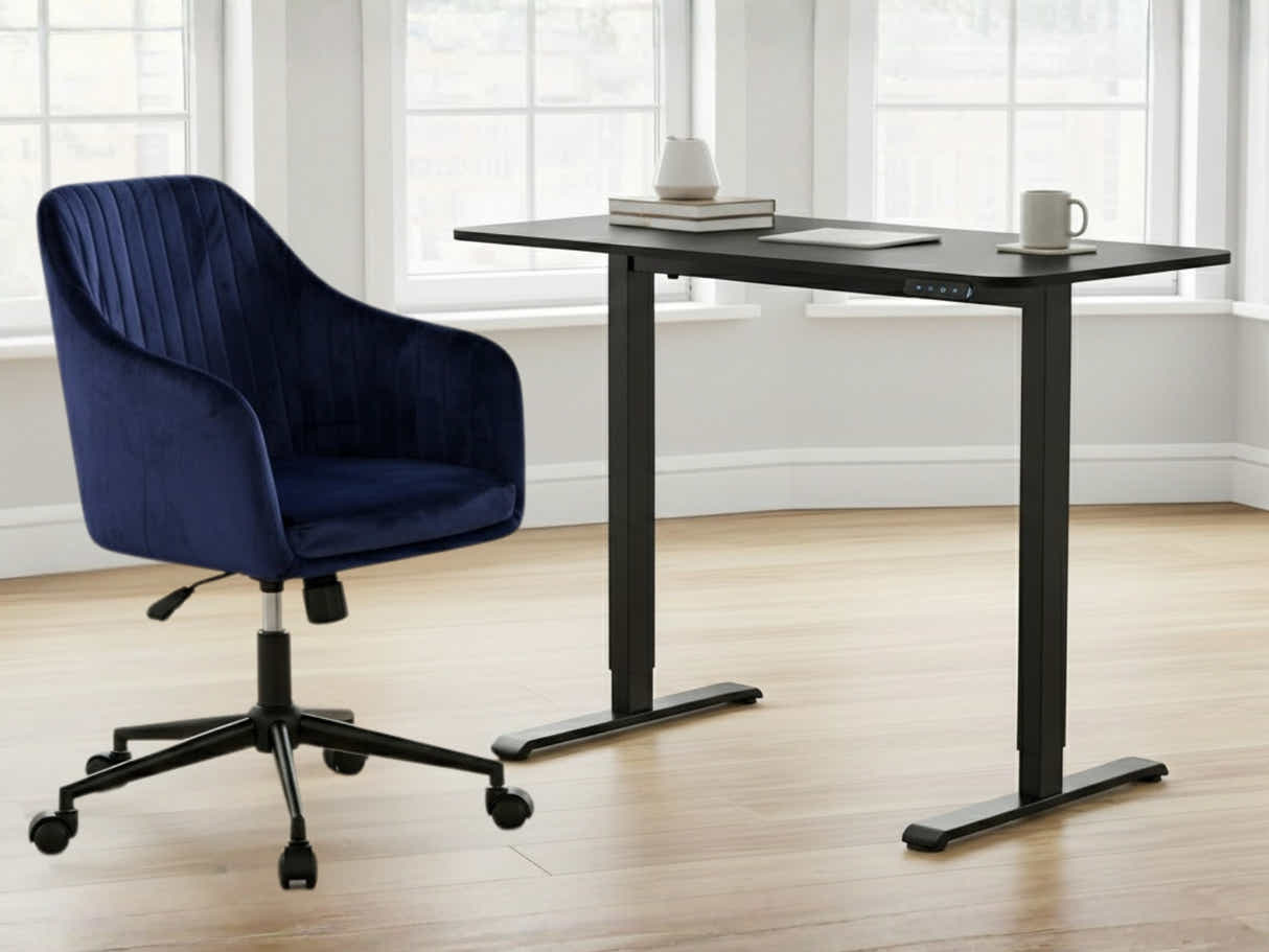 Height Adjustable Desk Set LK All Black & Lilac Office Chair Velvet Blue