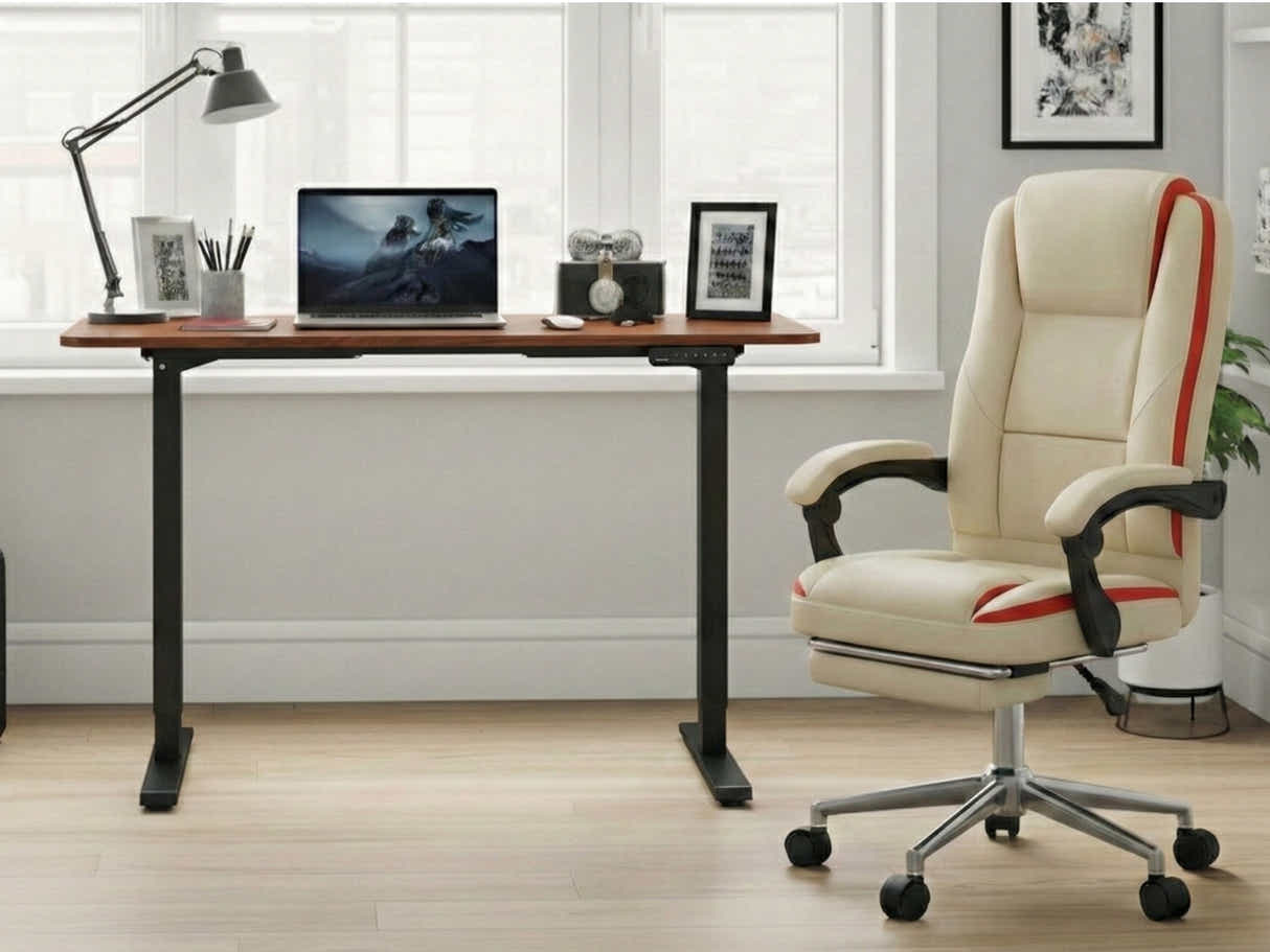 Height Adjustable Desk Set LK walnut Black & Siena Executive Office Chair PU Beige