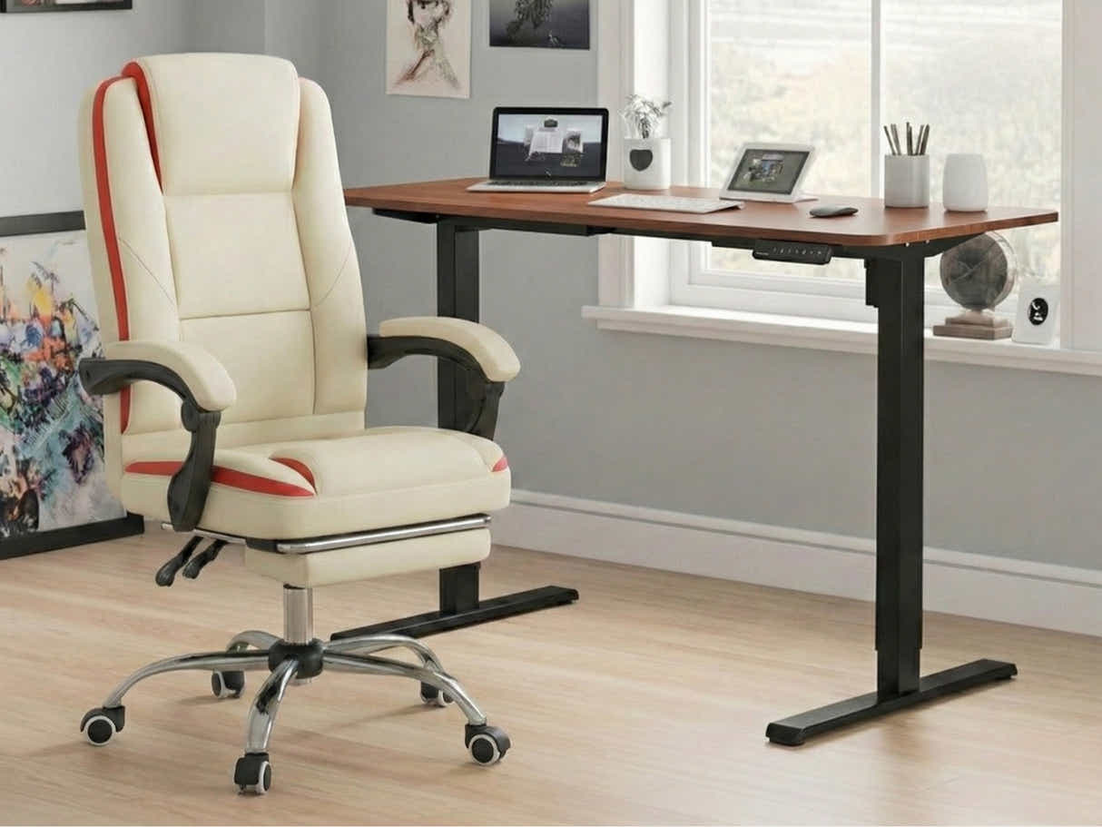 Height Adjustable Desk Set LK walnut Black & Siena Executive Office Chair PU Beige