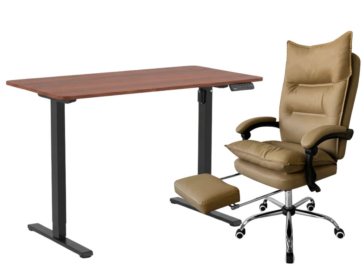 Height Adjustable Desk Set LK walnut Black & New Markus Office Chair with Footrest PU Khaki