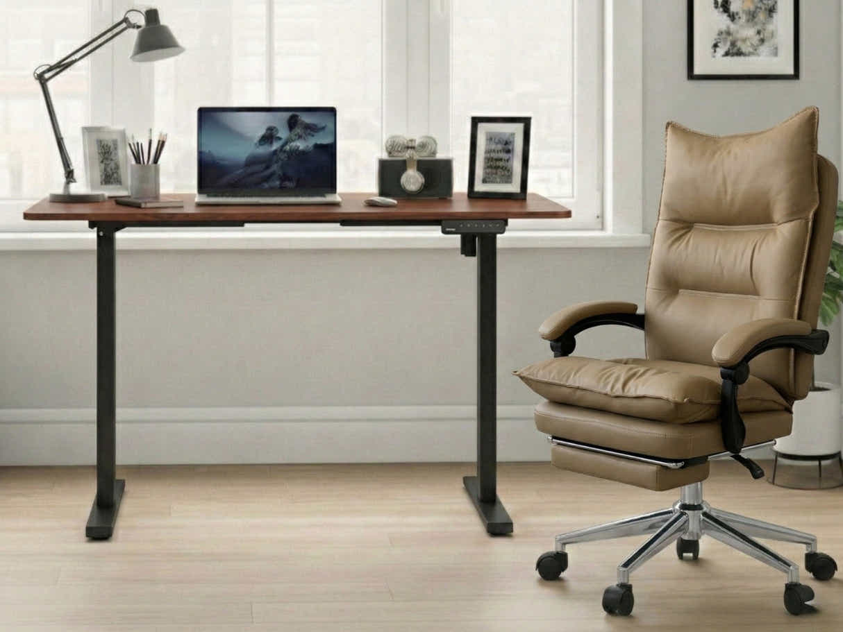 Height Adjustable Desk Set LK walnut Black & New Markus Office Chair with Footrest PU Khaki
