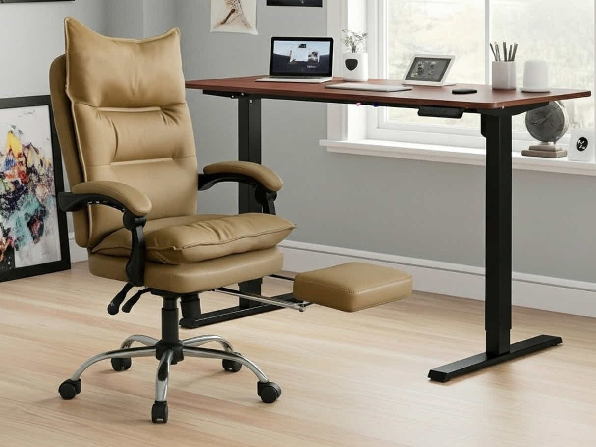 Height Adjustable Desk Set LK walnut Black & New Markus Office Chair with Footrest PU Khaki