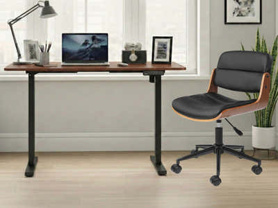 Height Adjustable Desk Set LK All Black & Rocket Wooden Executive Office Chair