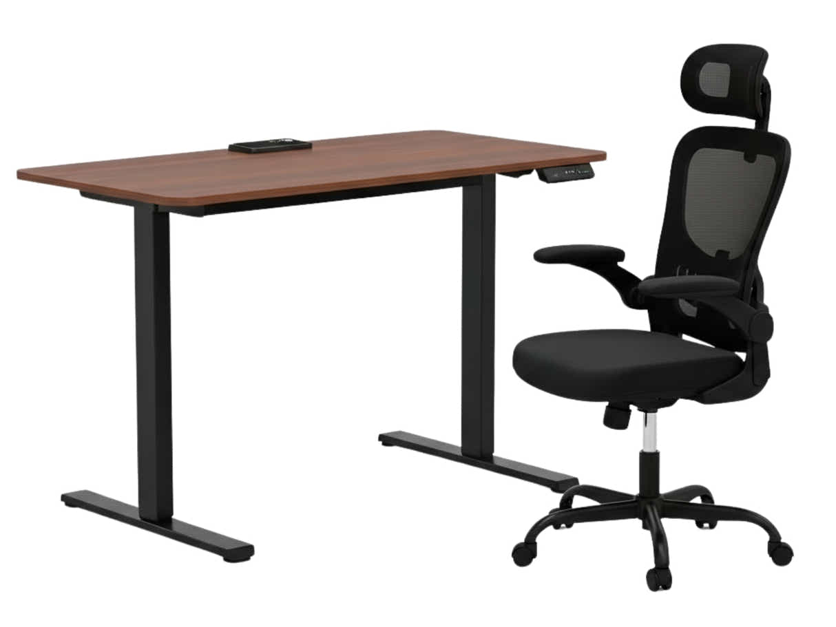 Height Adjustable Desk Set LK walnut Black & Molina Mesh Task Chair Black+Black