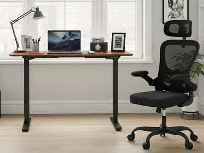 Height Adjustable Desk Set LK walnut Black & Molina Mesh Task Chair Black+Black