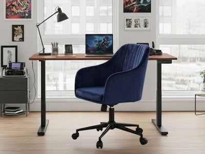 Height Adjustable Desk Set LK walnut Black & Lilac Office Chair Velvet Blue