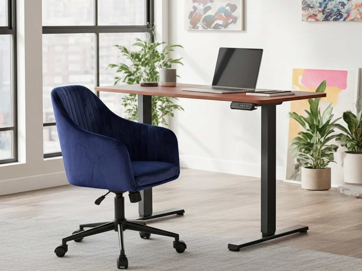 Height Adjustable Desk Set LK walnut Black & Lilac Office Chair Velvet Blue