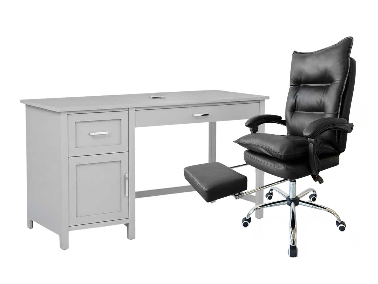 Home Office Desk with Storage Grey & New Markus Office Chair with Footrest PU Black