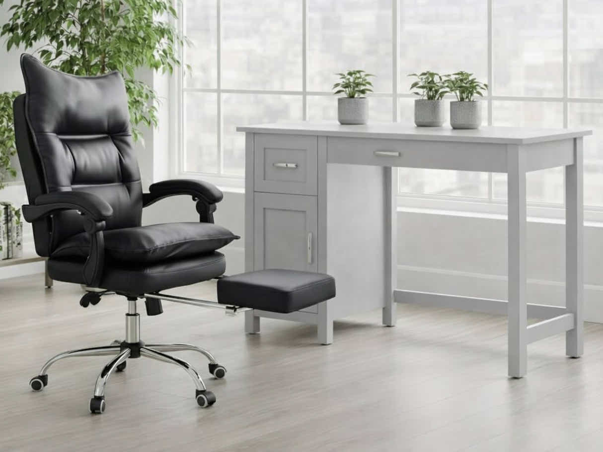 Home Office Desk with Storage Grey & New Markus Office Chair with Footrest PU Black