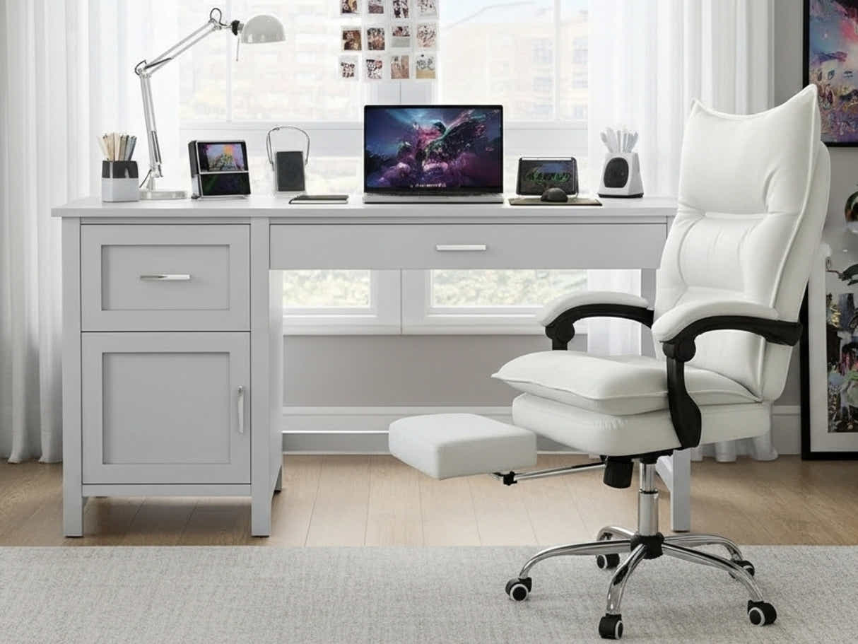 Home Office Desk with Storage Grey & New Markus Office Chair with Footrest PU White