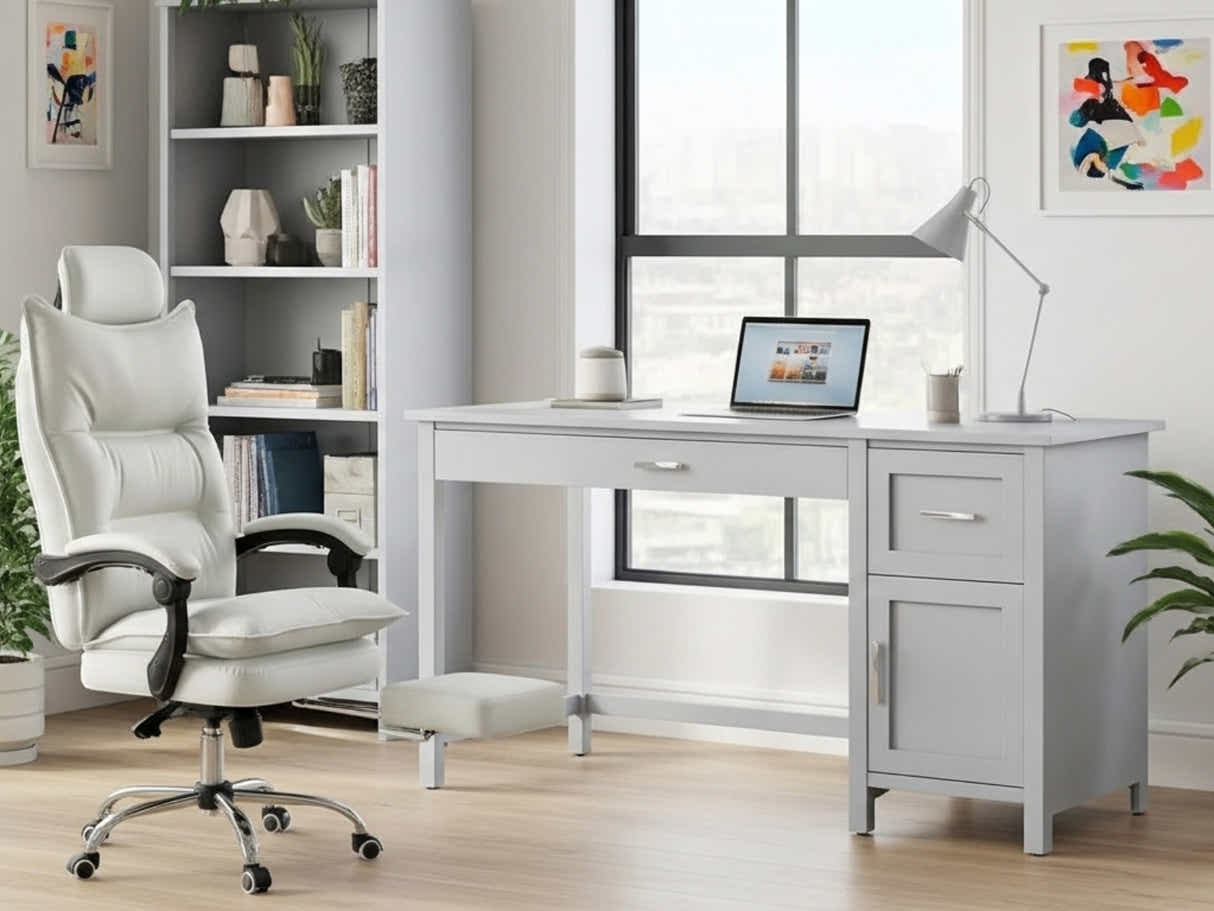 Home Office Desk with Storage Grey & New Markus Office Chair with Footrest PU White