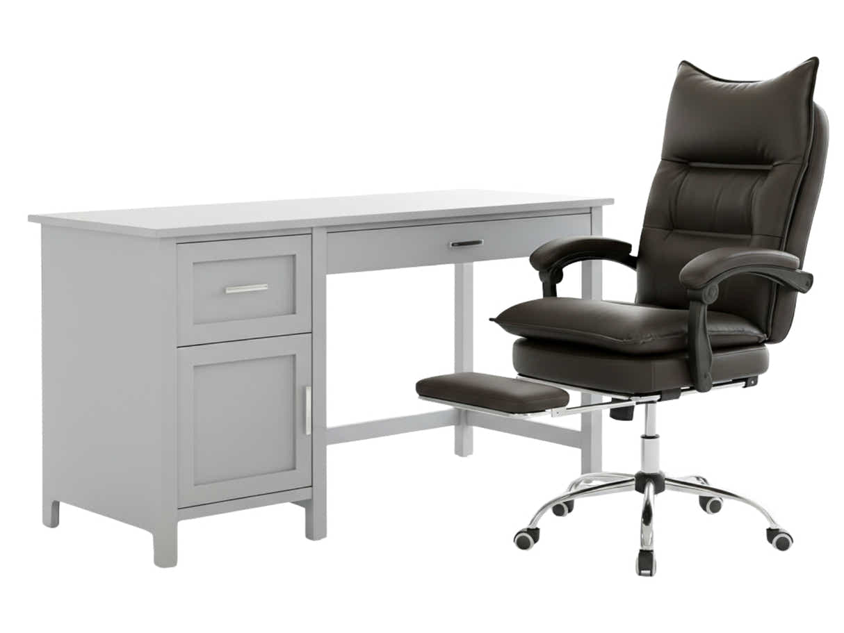 Home Office Desk with Storage Grey & New Markus Office Chair with Footrest PU Coffee