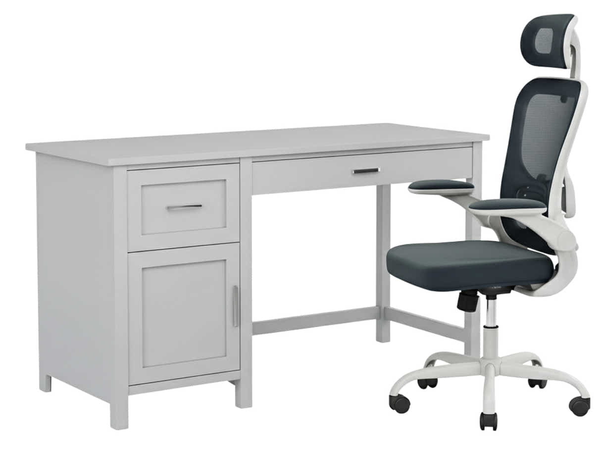 Home Office Desk with Storage Grey & Molina Mesh Task Chair White+Grey