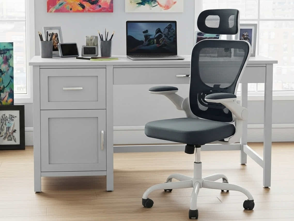 Home Office Desk with Storage Grey & Molina Mesh Task Chair White+Grey