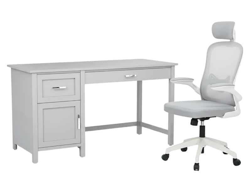 Home Office Desk with Storage Grey & Ergo Office Chair 094 grey and white (Combo)