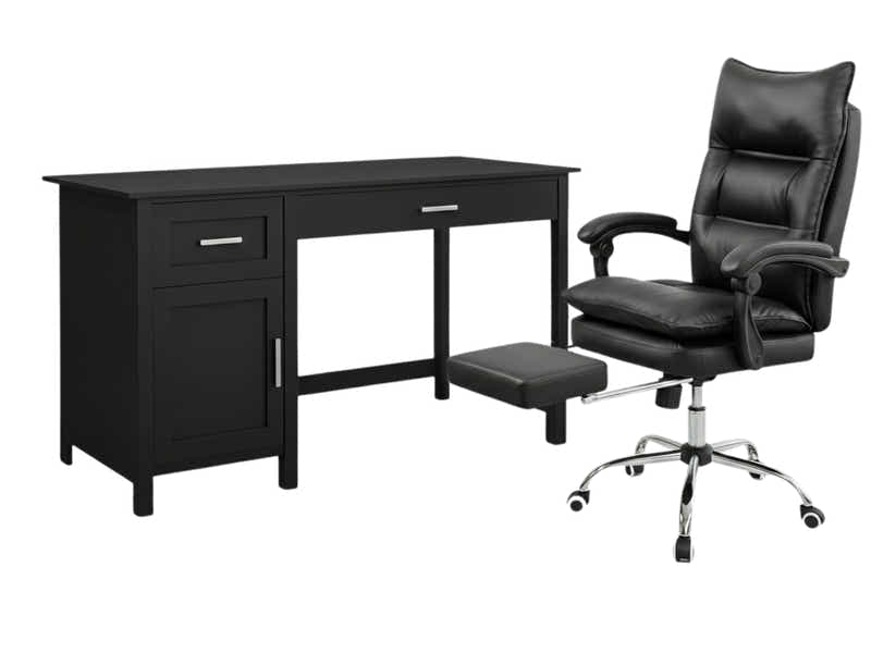 Home Office Desk with Storage Black & New Markus Office Chair with Footrest PU Black (Combo)