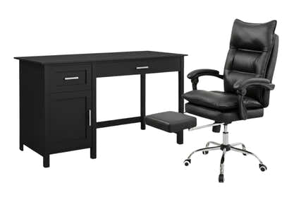 Home Office Desk with Storage Black & New Markus Office Chair with Footrest PU Black (Combo)