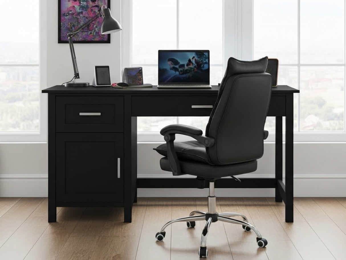 Home Office Desk with Storage Black & New Markus Office Chair with Footrest PU Black