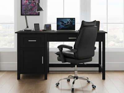 Home Office Desk with Storage Black & New Markus Office Chair with Footrest PU Black (Combo)