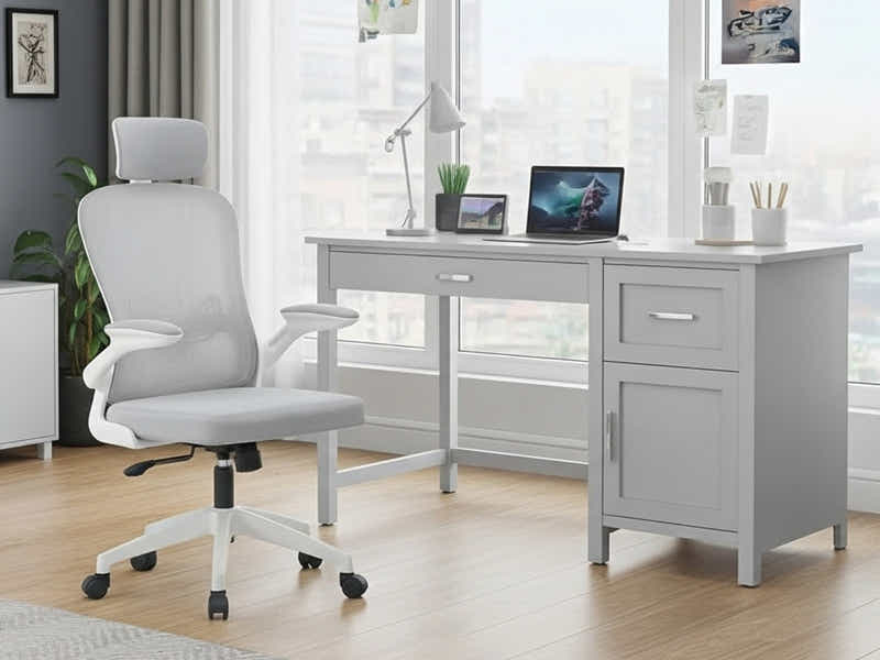 Home Office Desk with Storage Grey & Ergo Office Chair 094 grey and white (Combo)