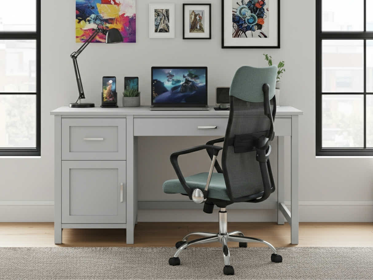 Home Office Desk with Storage Grey & Meshmallow Office Chair 001 grey