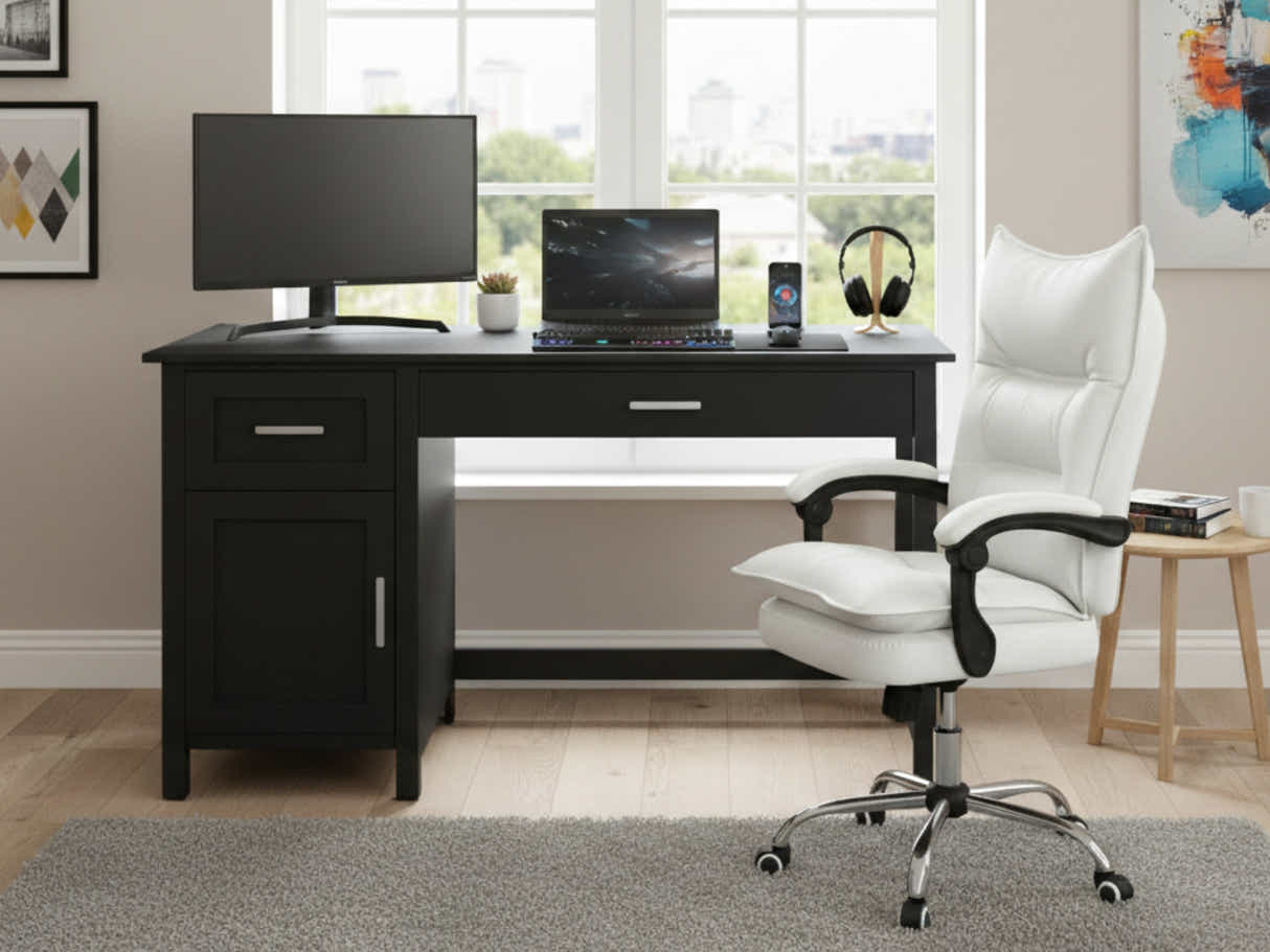 Home Office Desk with Storage Black & New Markus Office Chair with Footrest PU White