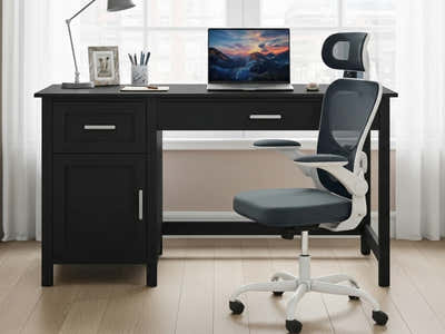 Home Office Desk with Storage Black & Molina Mesh Task Chair White+Grey