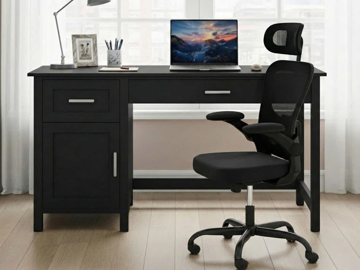 Home Office Desk with Storage Black & Molina Mesh Task Chair Black+Black