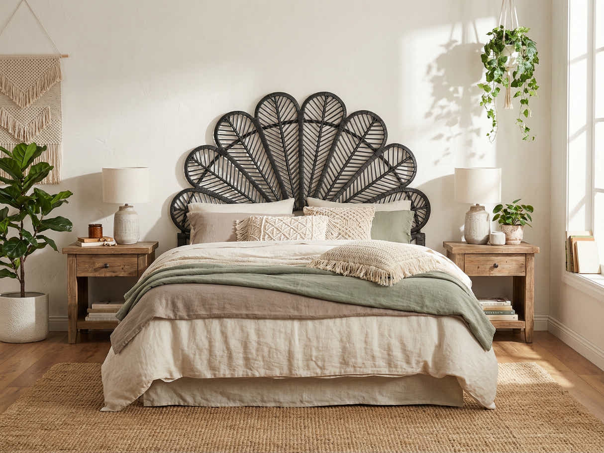 Rattan Headboard Peacock Black - Double