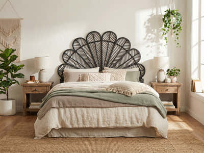 Rattan Headboard Peacock Black - Double