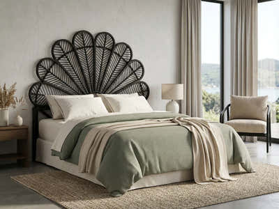 Rattan Headboard Peacock Black - Double