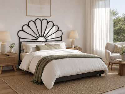 Rattan Headboard Petal Black - Double
