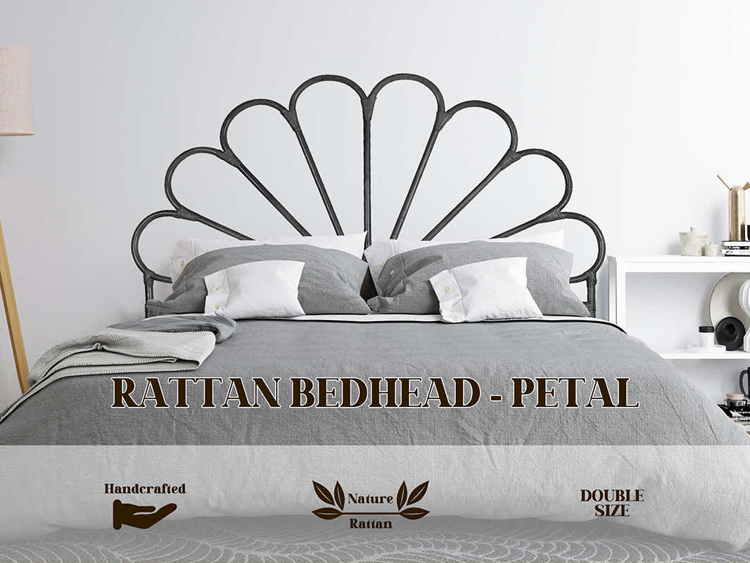 Rattan Headboard Petal Black - Double